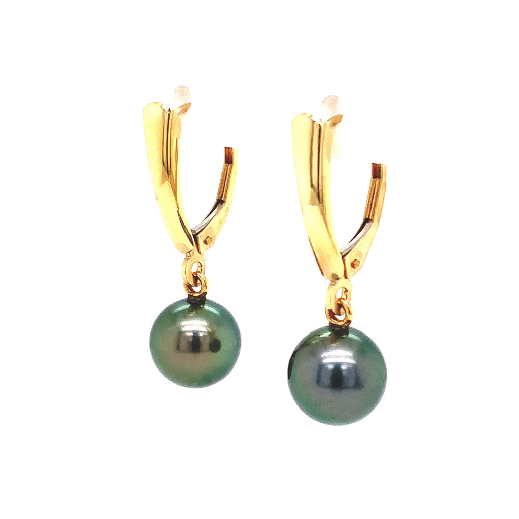 tahitian cultured natural black pearl drop earring 14 kt yellow gold lever backs