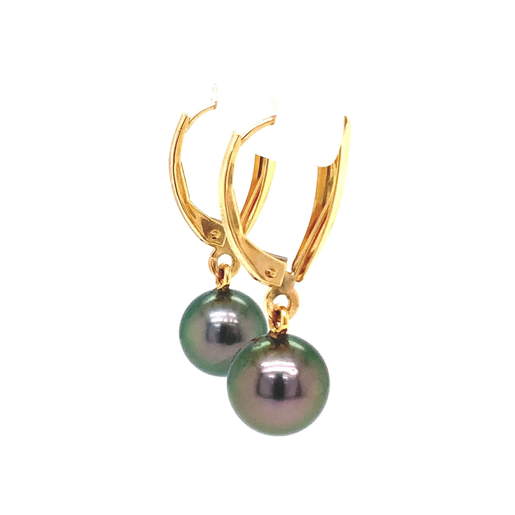 tahitian cultured natural black pearl drop earring 14 kt yellow gold lever backs