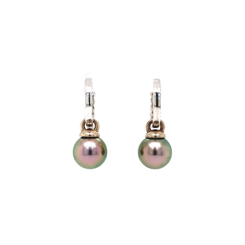 tahitian cultured aaa+ 9 mm pearl and diamond huggie drop earring 14k white gold