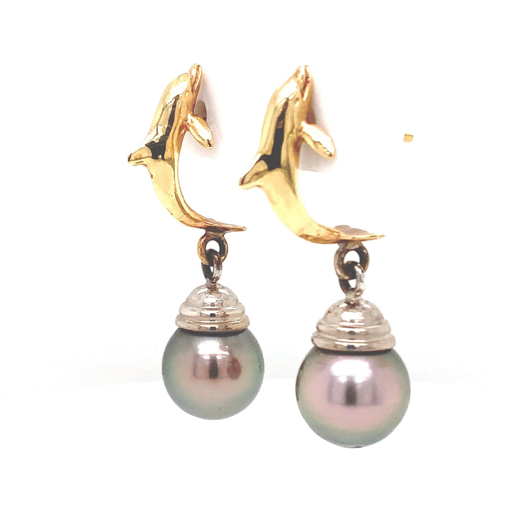 Tahitian Drop Pearl and Dolphin Shaped Earring 14K White and Yellow Gold - Image 4 of 5