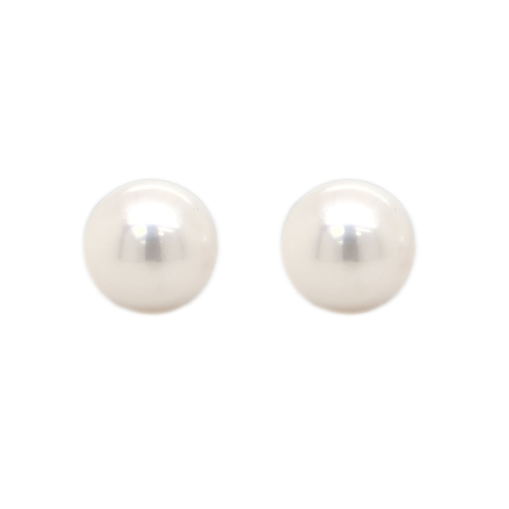 large 16 mm button white freshwater pearl post earrings in 14k white gold