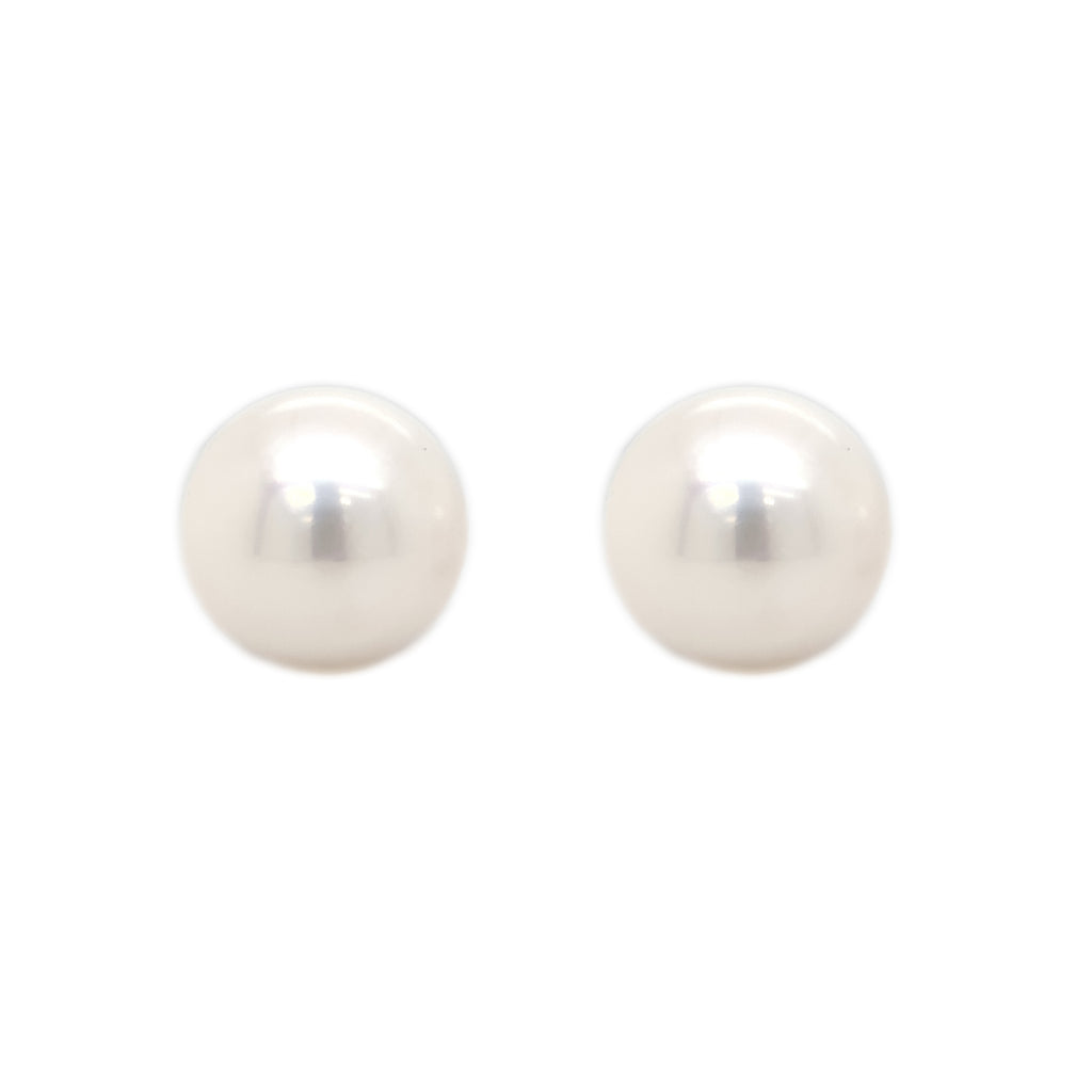 large 16 mm button white freshwater pearl post earrings in 14k white gold