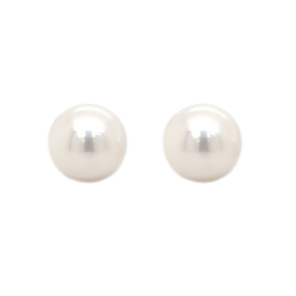 large 16 mm button white freshwater pearl post earrings in 14k white gold