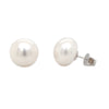 large 16 mm button white freshwater pearl post earrings in 14k white gold