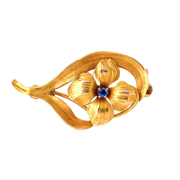 antique french art nouveau floral brooch-pin with blue sapphire in 18 kt yellow gold