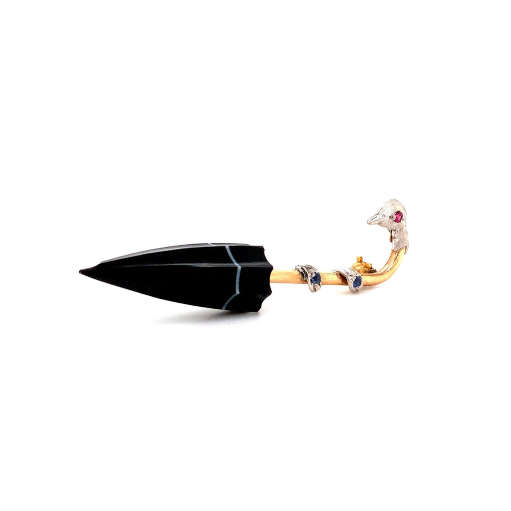 vintage bird 14k white and yellow gold agate umbrella brooch with diamonds and color stones