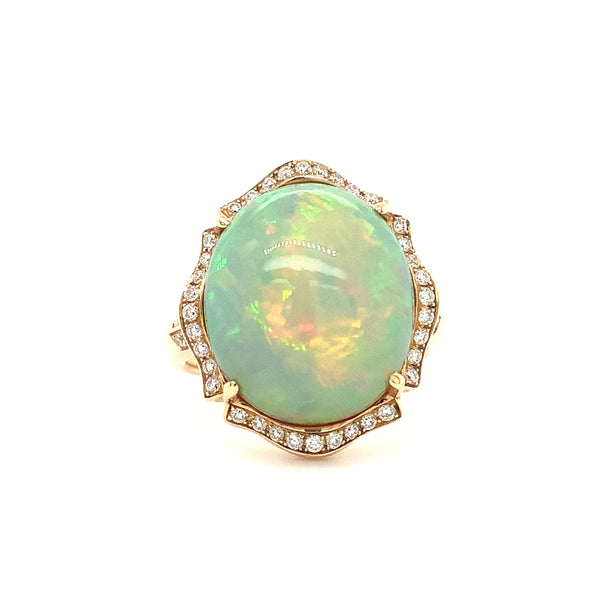 asba collection natural australian light opal diamond halo ring in 14k yellow gold