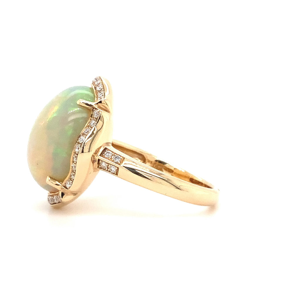 asba collection natural australian light opal diamond halo ring in 14k yellow gold