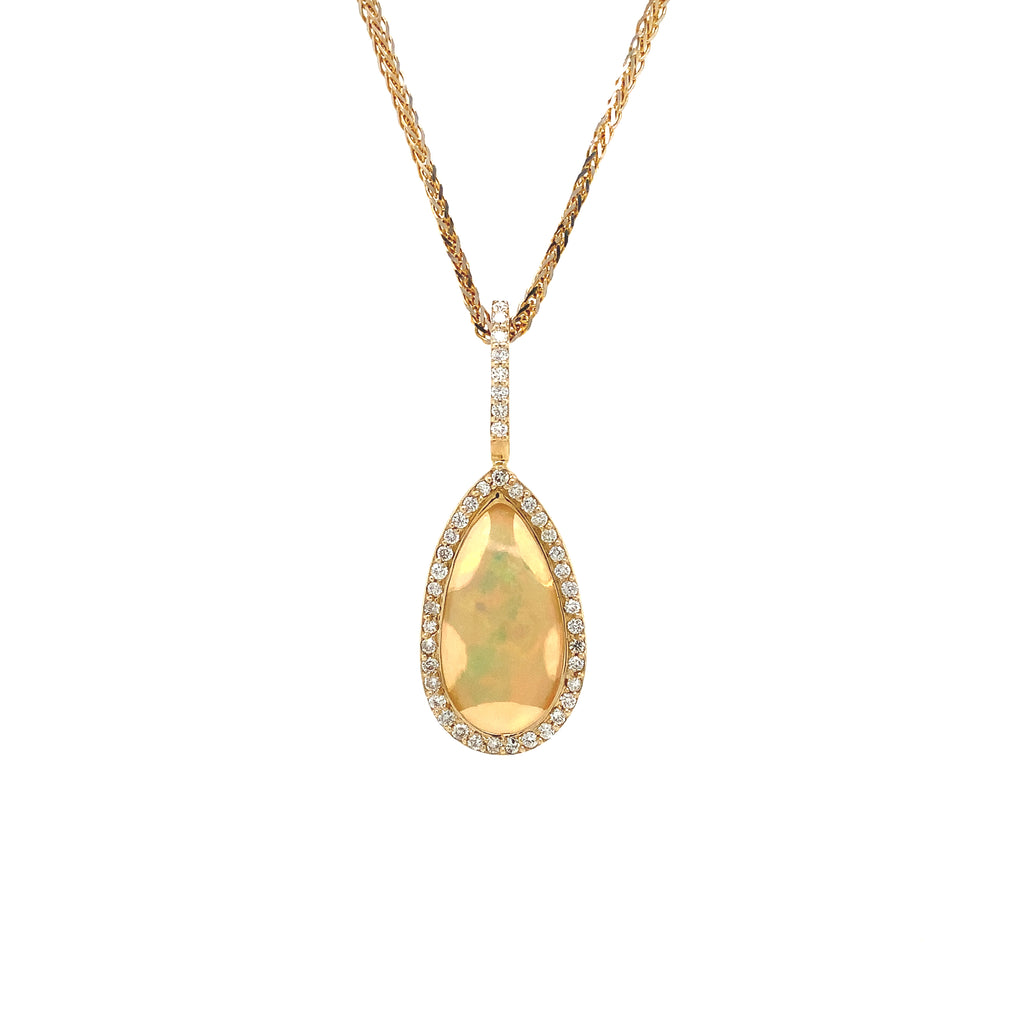 asba collection natural crystal pear-shaped opal pendant with diamond halo in 14k yellow gold