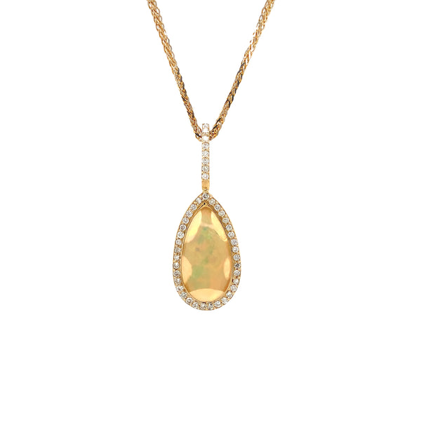 asba collection natural crystal pear-shaped opal pendant with diamond halo in 14k yellow gold
