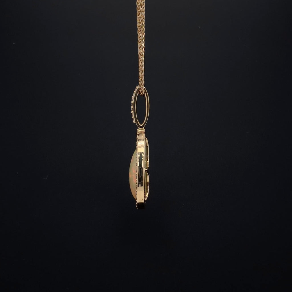 asba collection natural crystal pear-shaped opal pendant with diamond halo in 14k yellow gold