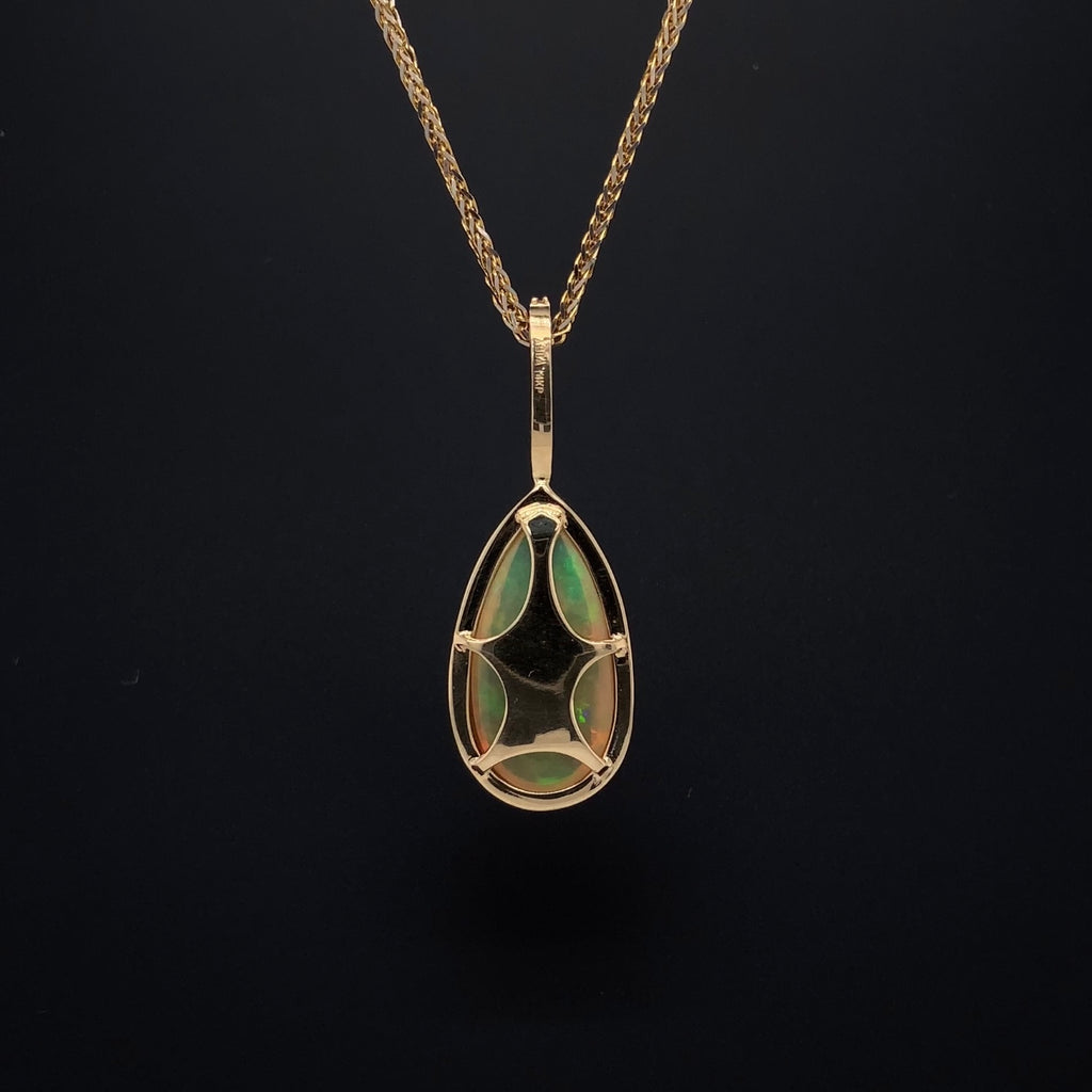 asba collection natural crystal pear-shaped opal pendant with diamond halo in 14k yellow gold