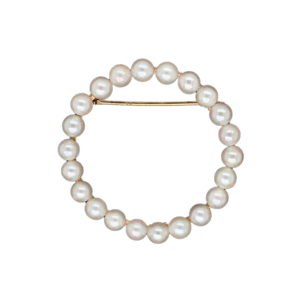 vintage cultured pearl circle pin - brooch in 14 kt yellow gold
