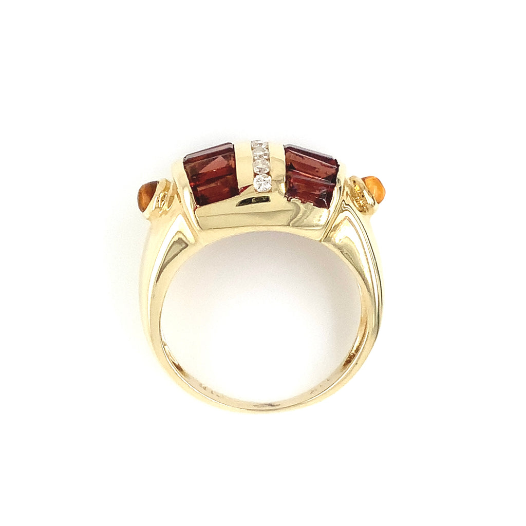 Vintage Dome Garnet, Citrine  and Diamond Yellow Gold Ring in 14 kt Yellow Gold - Image 5 of 5