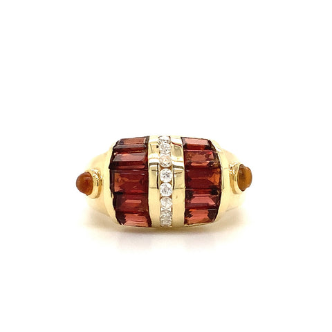 Vintage Dome Garnet, Citrine  and Diamond Yellow Gold Ring in 14 kt Yellow Gold - Image 1 of 5