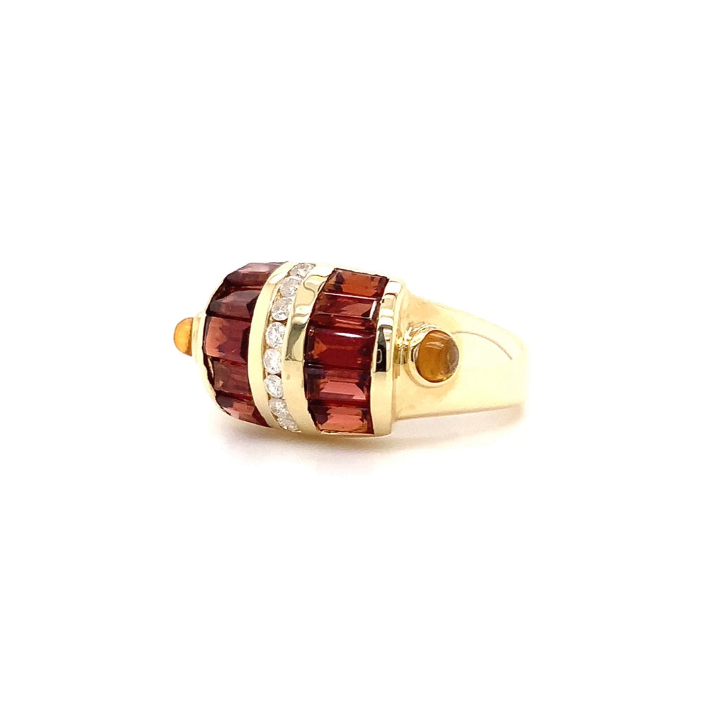 Vintage Dome Garnet, Citrine  and Diamond Yellow Gold Ring in 14 kt Yellow Gold - Image 2 of 5