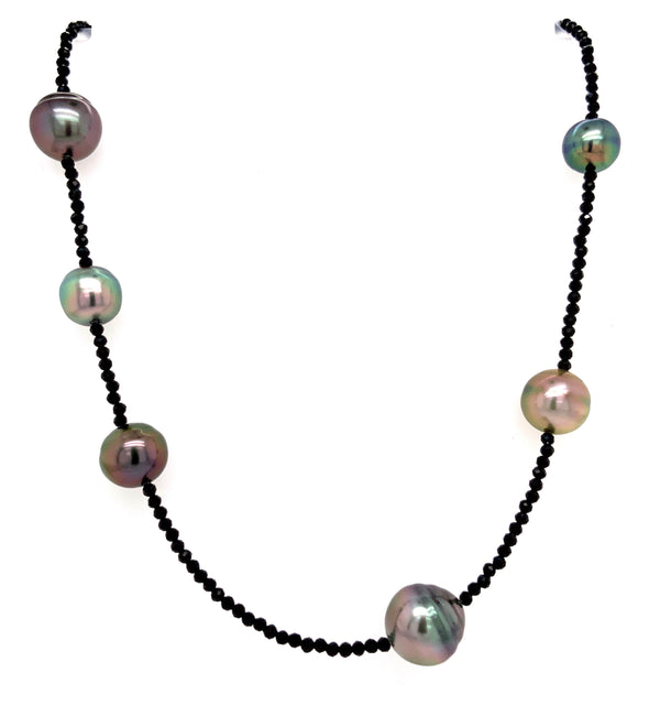  cultured tahitian black pearl and black spinal faceted beads 28 inch necklace.