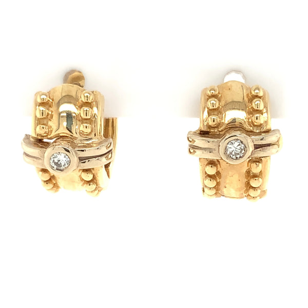 beaded bezel set diamond huggie earring 14k yellow and white gold