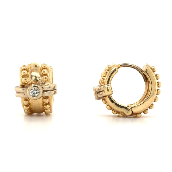 beaded bezel set diamond huggie earring 14k yellow and white gold