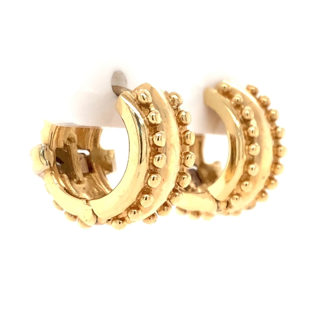 beaded bezel set diamond huggie earring 14k yellow and white gold