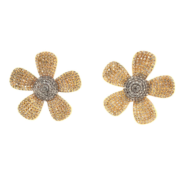diamond flower pierced earrings set in sterling silver with yellow gold vermeil.