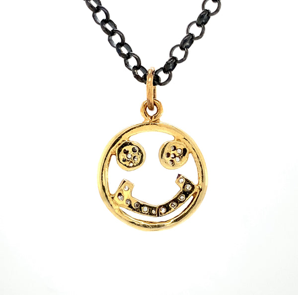 vermeil gold happy face diamond charm necklace with curb chain 2.0 mm