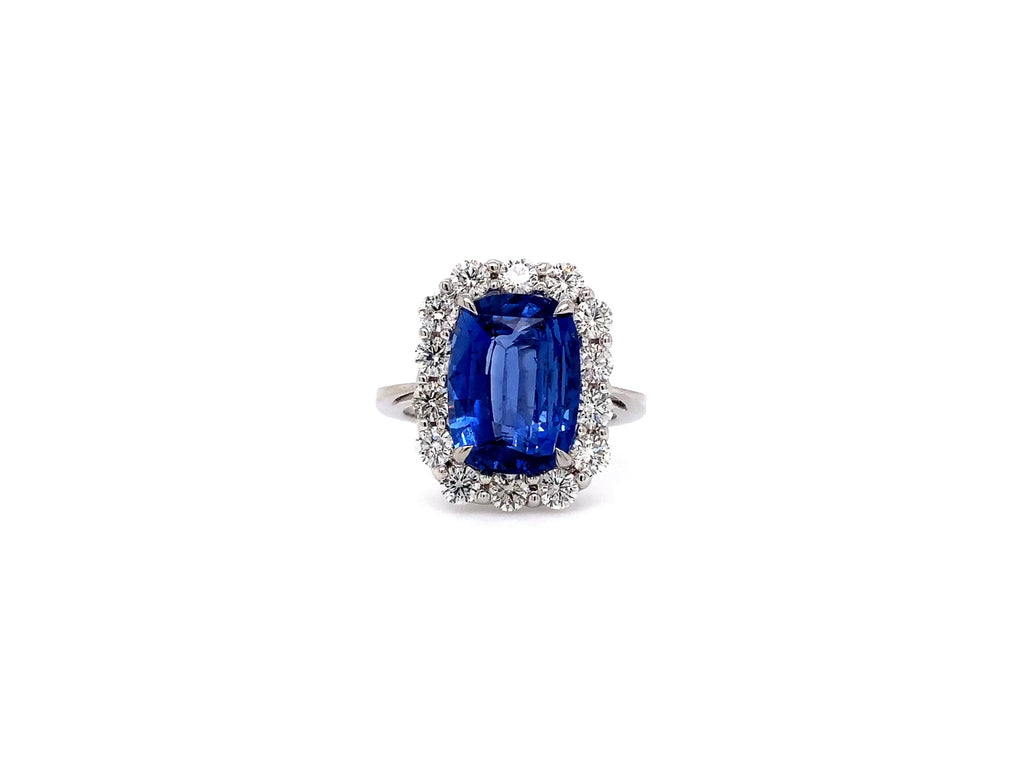 blue sapphire and diamond ring 5.30ct cornflower blue with diamond halo 1.13 ctw