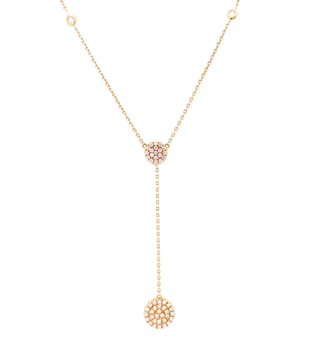 paved lariat round double sided necklace 14 karat yellow gold w/adjustable chain