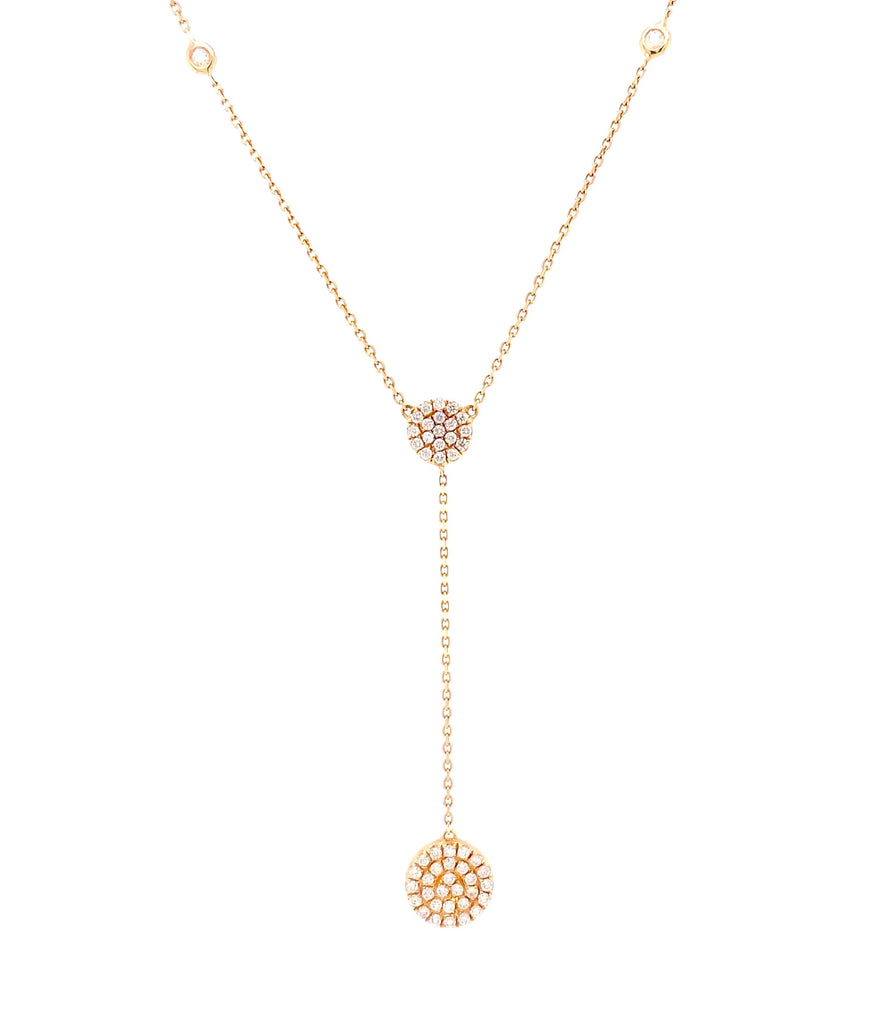 paved lariat round double sided necklace 14 karat yellow gold w/adjustable chain