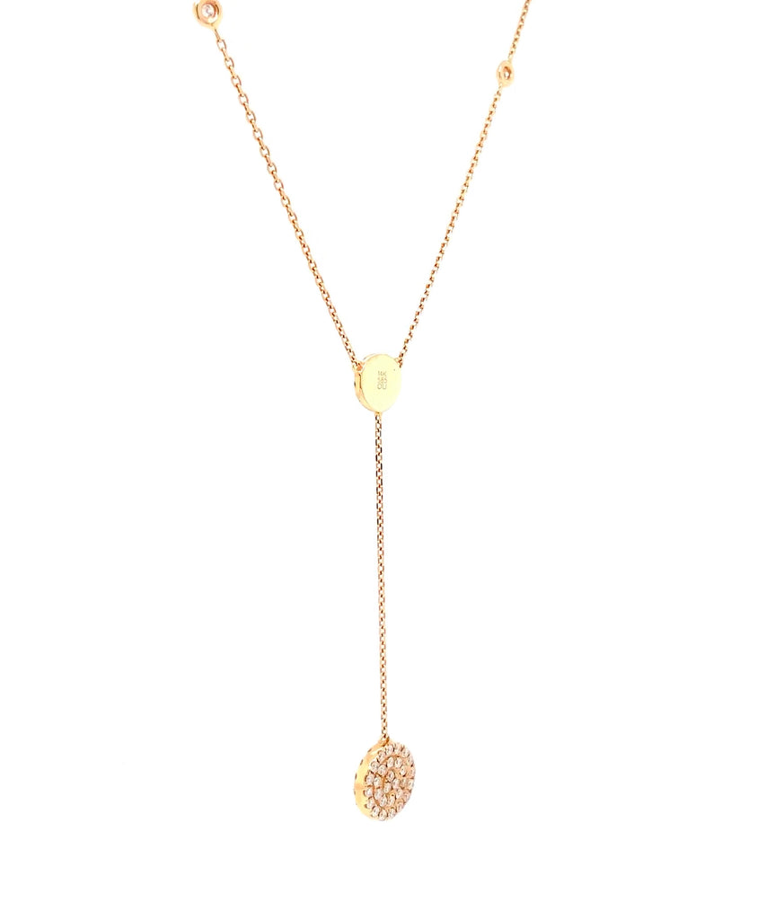 paved lariat round double sided necklace 14 karat yellow gold w/adjustable chain