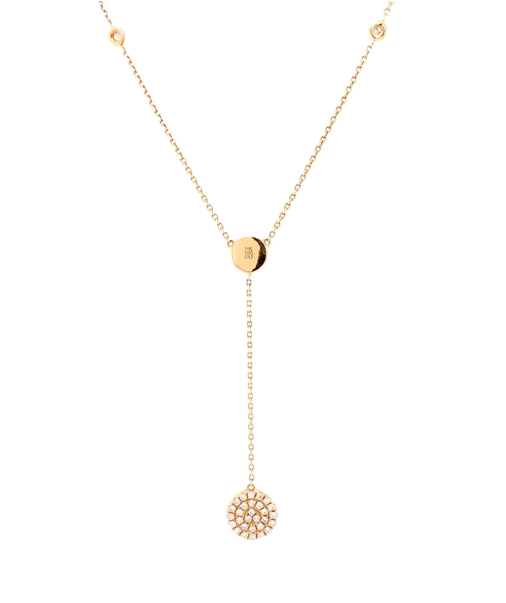 paved lariat round double sided necklace 14 karat yellow gold w/adjustable chain