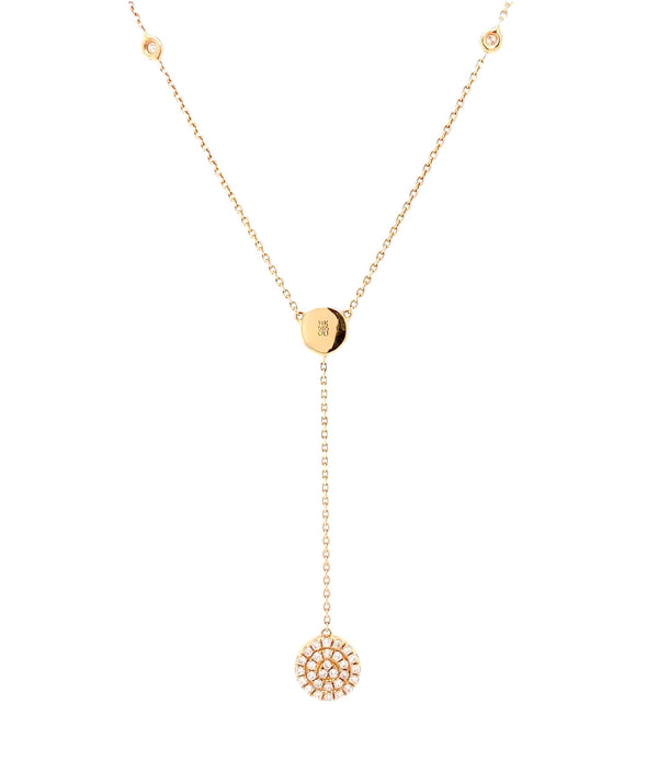 paved lariat round double sided necklace 14 karat yellow gold w/adjustable chain