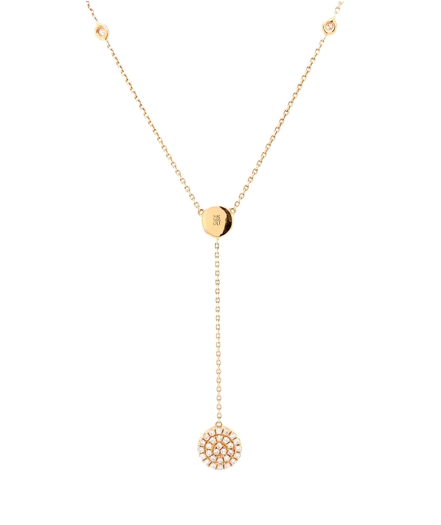 paved lariat round double sided necklace 14 karat yellow gold w/adjustable chain