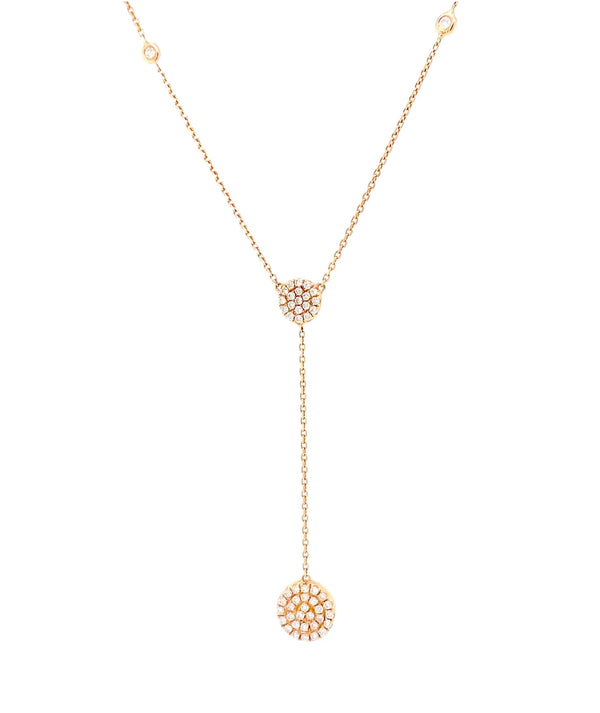 paved lariat round double sided necklace 14 karat yellow gold w/adjustable chain