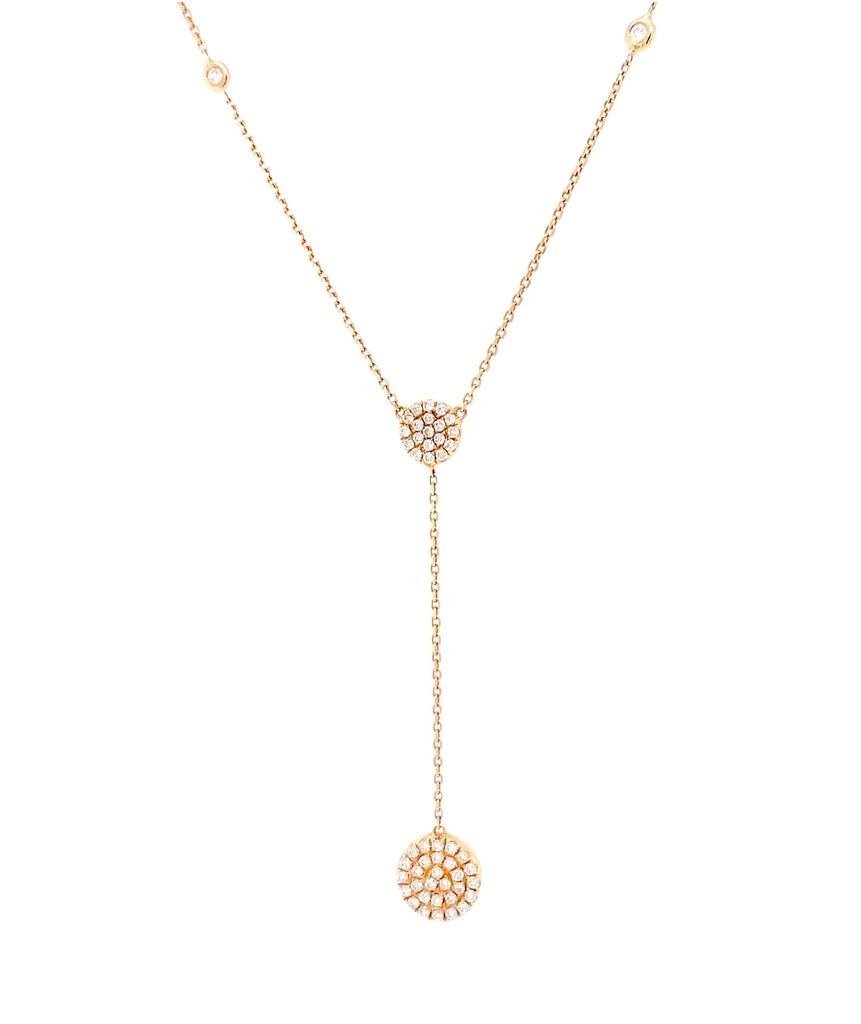 paved lariat round double sided necklace 14 karat yellow gold w/adjustable chain