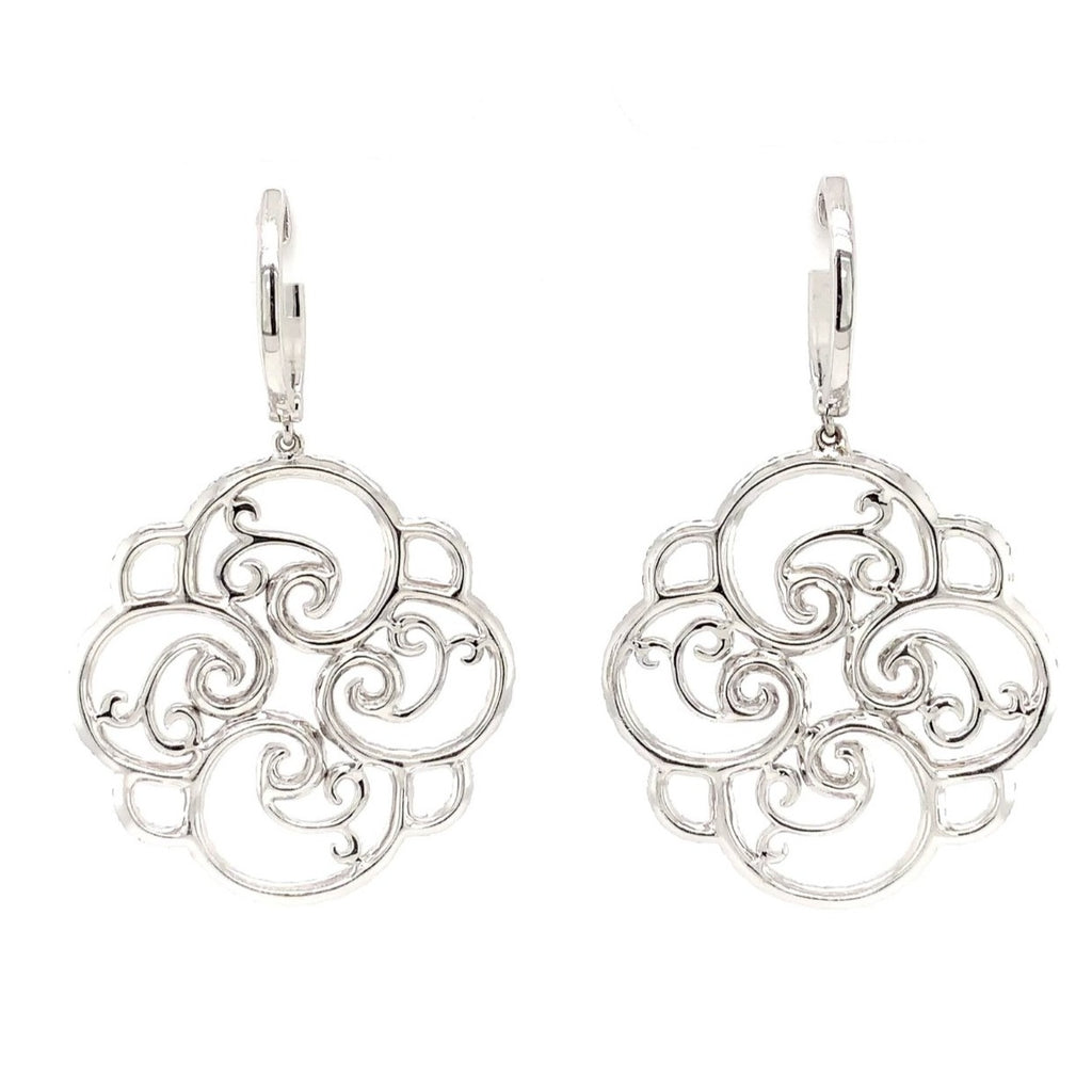 one of a kind pavée diamond filigree swirl drop earrings 18k white gold