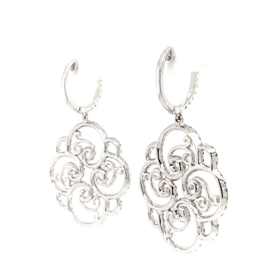 one of a kind pavée diamond filigree swirl drop earrings 18k white gold
