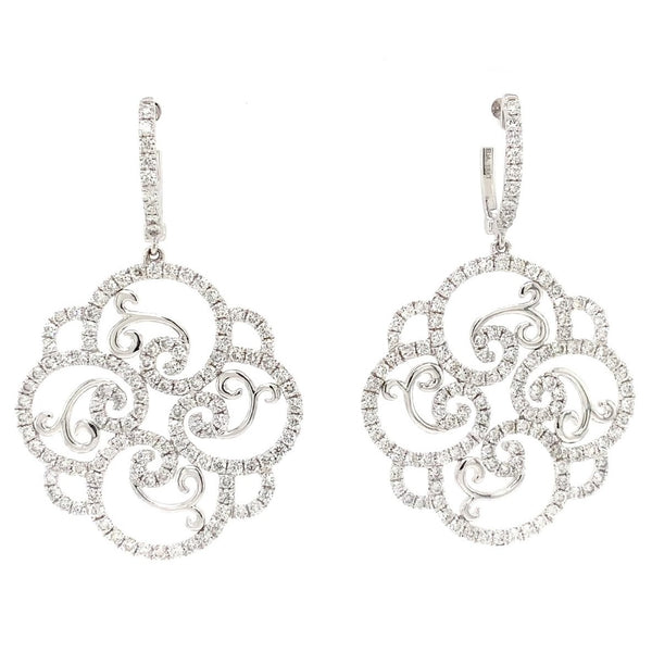 one of a kind pavée diamond filigree swirl drop earrings 18k white gold