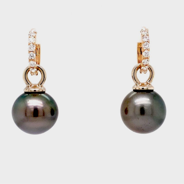 cultured large natural black south sea 15.5 mm pearl and diamond drop earrings 18k rose gold