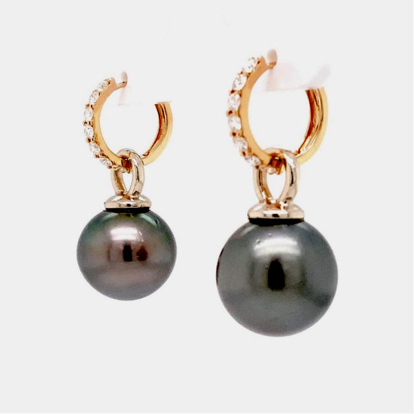 cultured large natural black south sea 15.5 mm pearl and diamond drop earrings 18k rose gold