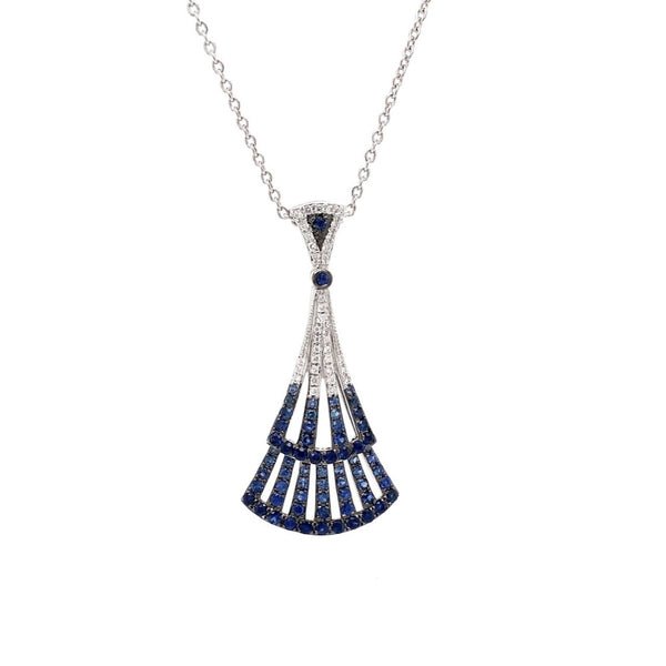 blue sapphire and diamond paved lavalier pendant in 14 kt white gold.