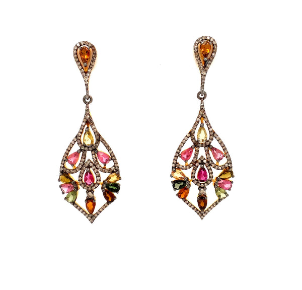 multi colored tourmaline and diamond drop earrings in oxidized sterling silver 18kt yellow gold vermeil.