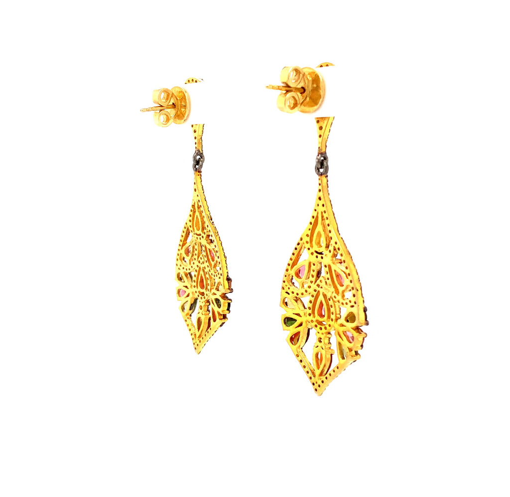multi colored tourmaline and diamond drop earrings in oxidized sterling silver 18kt yellow gold vermeil.