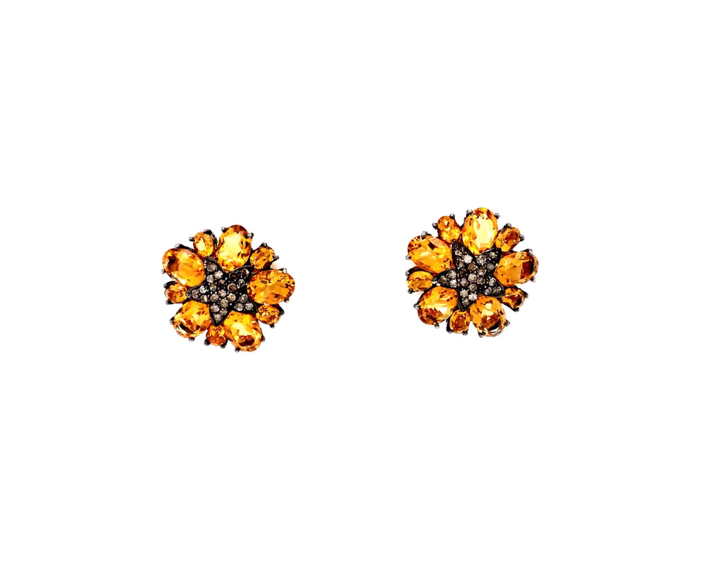citrine and diamond flower design earring in oxidized sterling silver.
