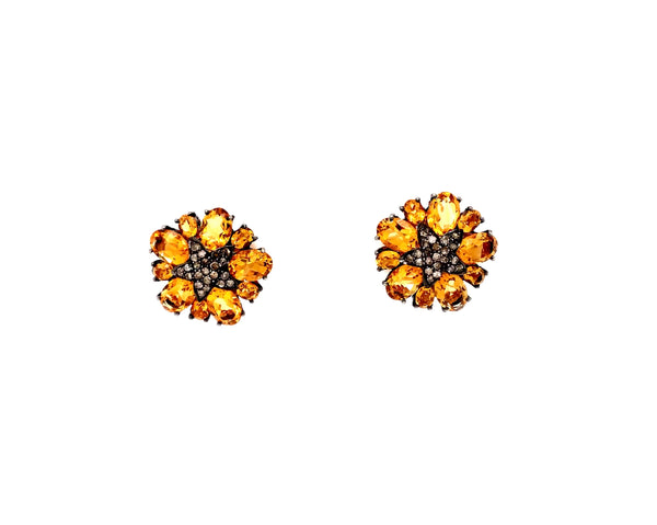 citrine and diamond flower design earring in oxidized sterling silver.