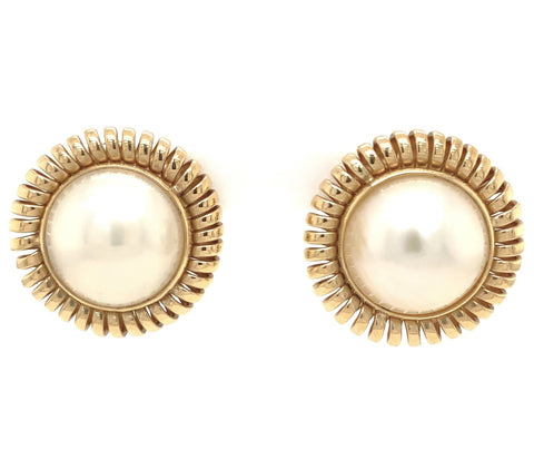 vintage mabe pearl 14 kt yellow gold earrings with omega clip backs
