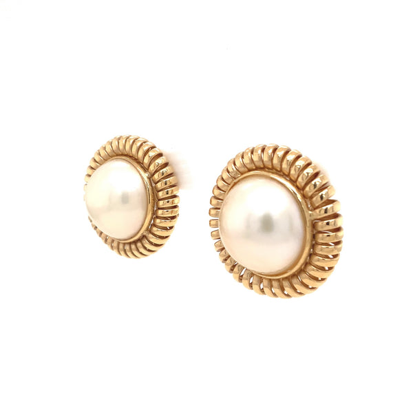 vintage mabe pearl 14 kt yellow gold earrings with omega clip backs