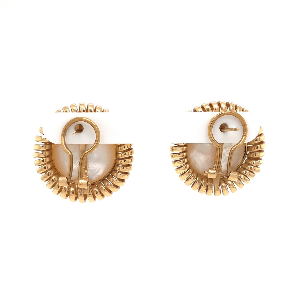 vintage mabe pearl 14 kt yellow gold earrings with omega clip backs