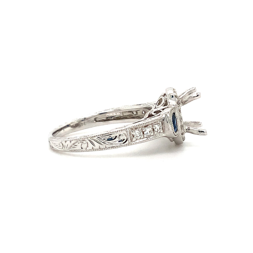 round brilliant cut diamond & blue sapphire semi mounting 14k white gold