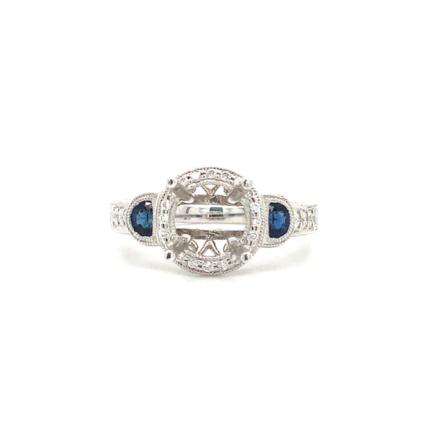round brilliant cut diamond & blue sapphire semi mounting 14k white gold